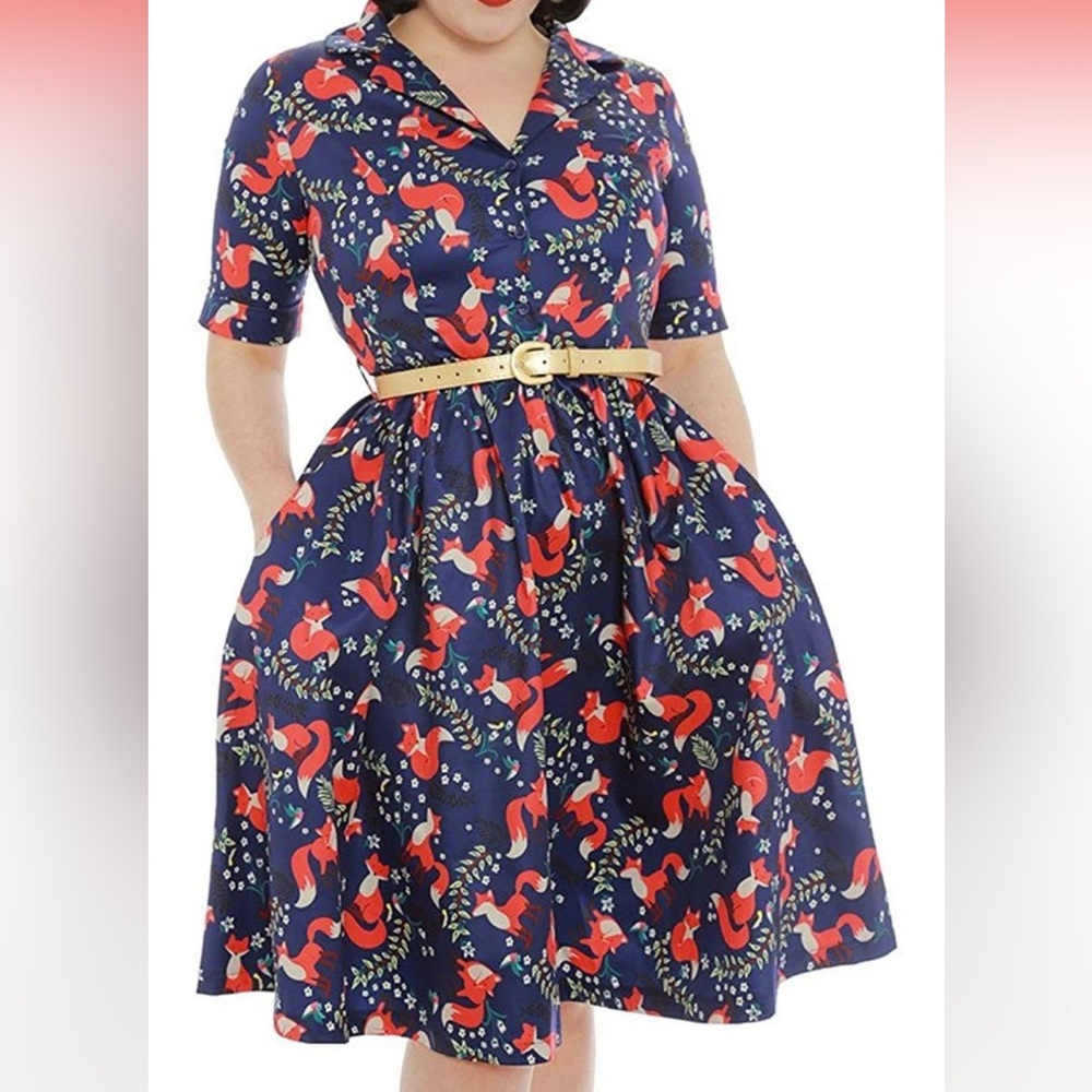 Lindy Bop Navy Dress with reddish orange fox 🦊 Pattern